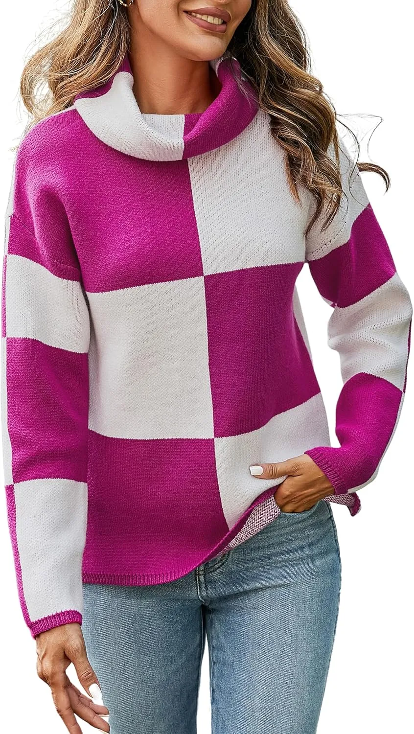 ECOWISH Women Fall Pullover Sweater Turtleneck Plaid Long Sleeve Loose Casual Chunky Checked Knit Winter Sweaters Jumper Tops