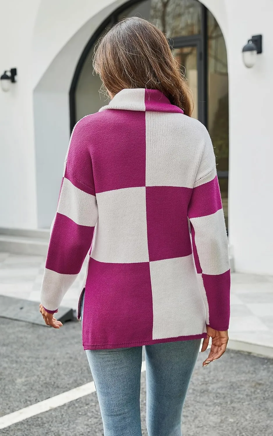 ECOWISH Women Fall Pullover Sweater Turtleneck Plaid Long Sleeve Loose Casual Chunky Checked Knit Winter Sweaters Jumper Tops