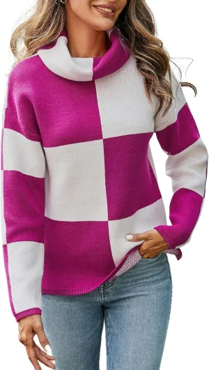 ECOWISH Women Fall Pullover Sweater Turtleneck Plaid Long Sleeve Loose Casual Chunky Checked Knit Winter Sweaters Jumper Tops