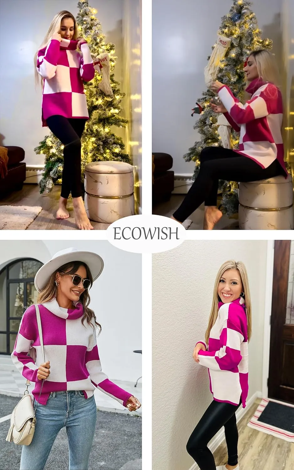 ECOWISH Women Fall Pullover Sweater Turtleneck Plaid Long Sleeve Loose Casual Chunky Checked Knit Winter Sweaters Jumper Tops