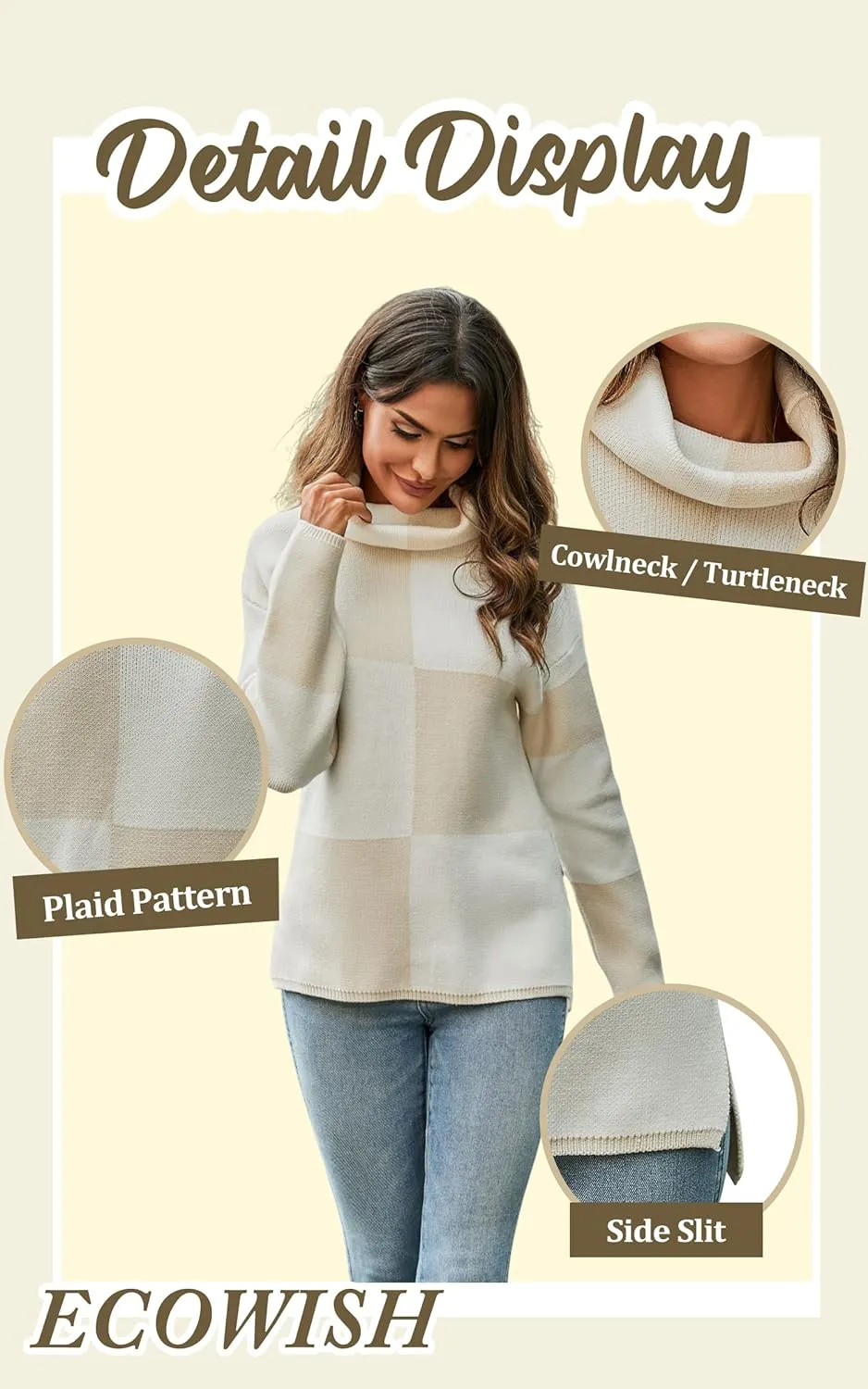 ECOWISH Women Fall Pullover Sweater Turtleneck Plaid Long Sleeve Loose Casual Chunky Checked Knit Winter Sweaters Jumper Tops