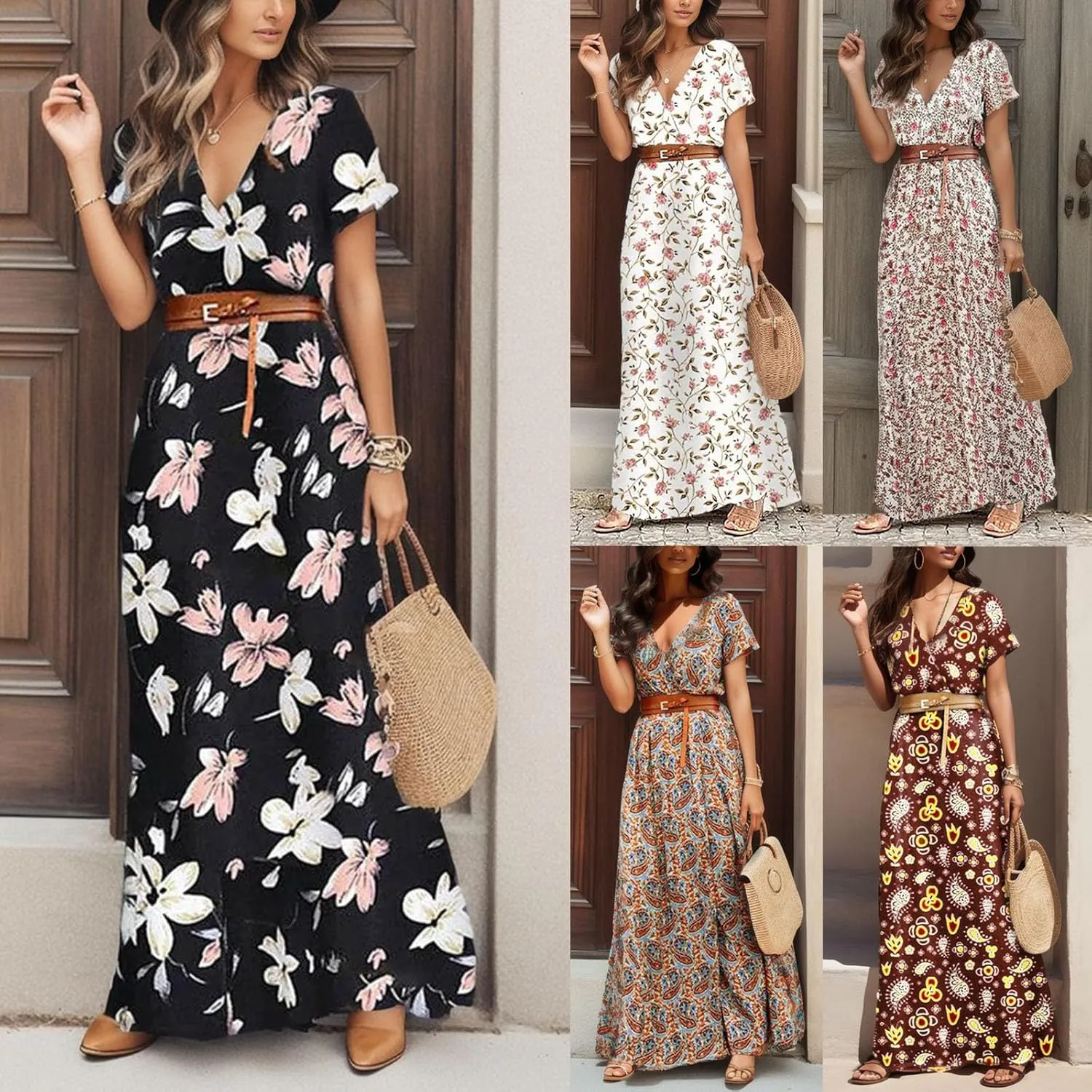 Eduavar Summer Dresses for Women 2024, Boho Dresses for Women 2024 Floral Print Long Dress Sexy V Neck Short Sleeveless Dress
