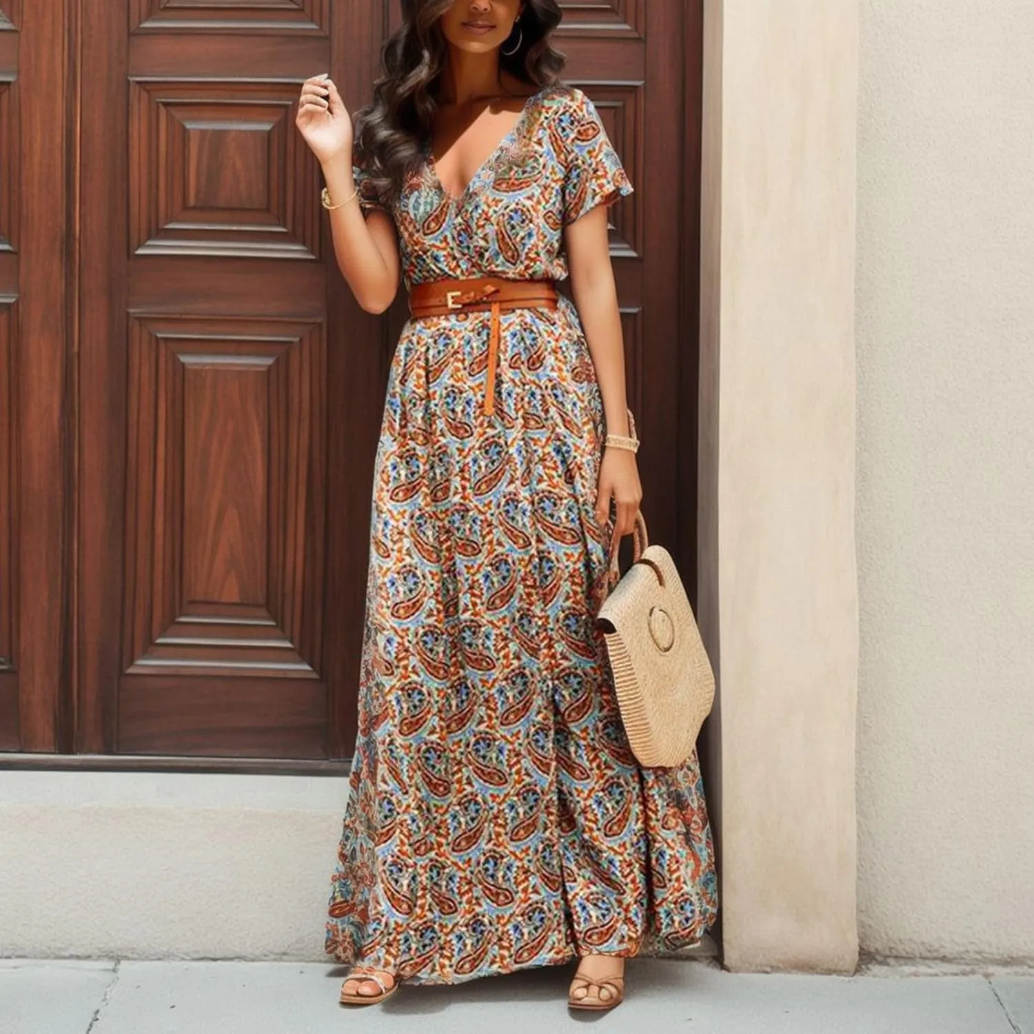 Eduavar Summer Dresses for Women 2024, Boho Dresses for Women 2024 Floral Print Long Dress Sexy V Neck Short Sleeveless Dress