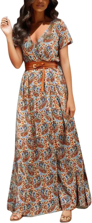 Eduavar Summer Dresses for Women 2024, Boho Dresses for Women 2024 Floral Print Long Dress Sexy V Neck Short Sleeveless Dress