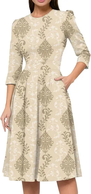 Elegant Women's Floral Print A-Line Midi Dress with 3/4 Sleeves Perfect for Casual and Formal Occasions