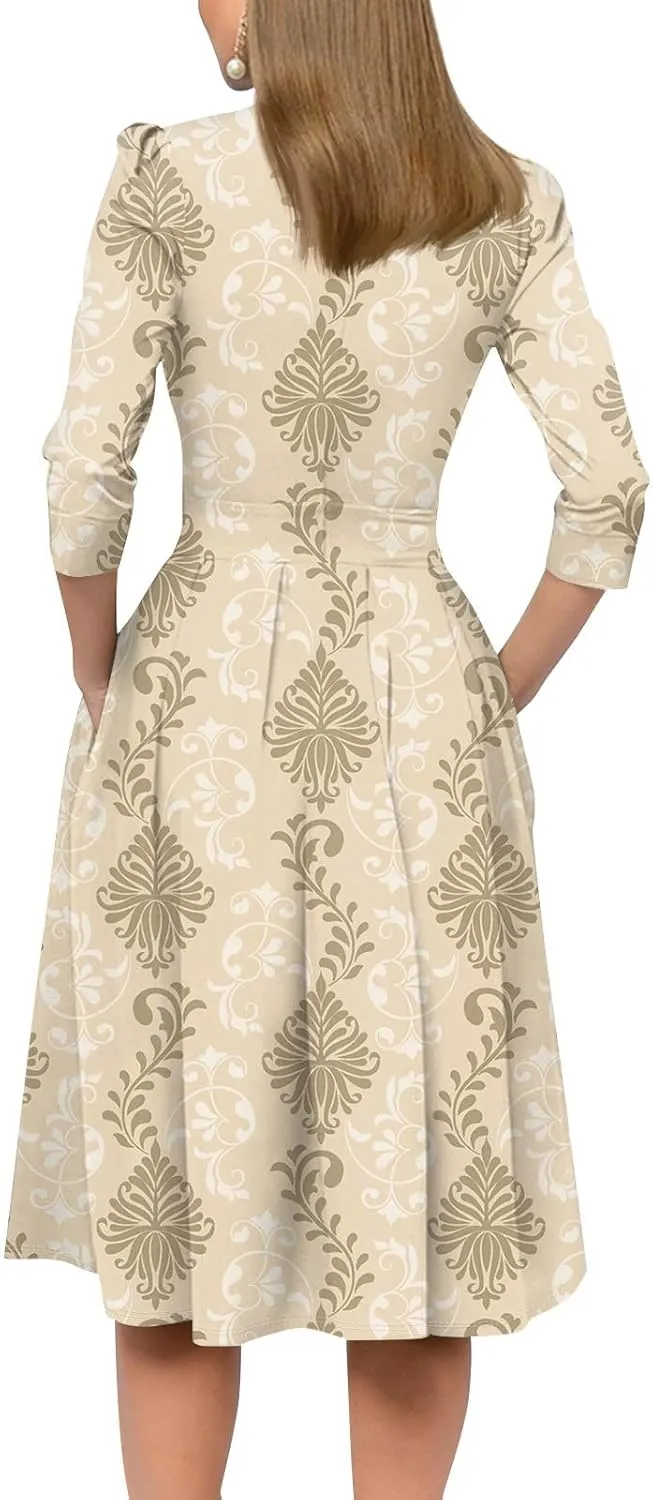 Elegant Women's Floral Print A-Line Midi Dress with 3/4 Sleeves Perfect for Casual and Formal Occasions
