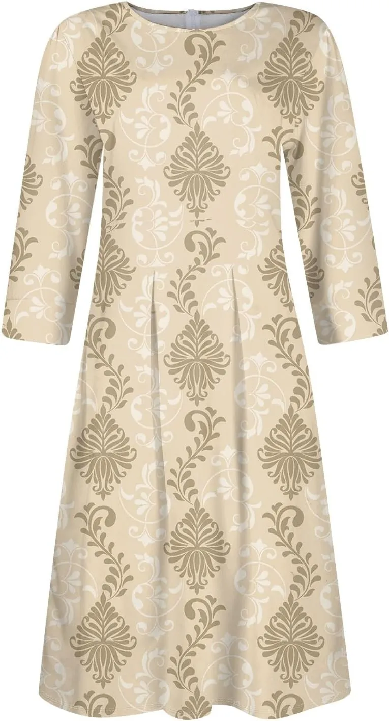 Elegant Women's Floral Print A-Line Midi Dress with 3/4 Sleeves Perfect for Casual and Formal Occasions
