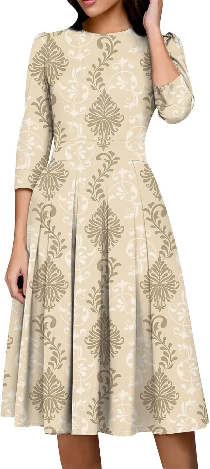 Elegant Women's Floral Print A-Line Midi Dress with 3/4 Sleeves Perfect for Casual and Formal Occasions