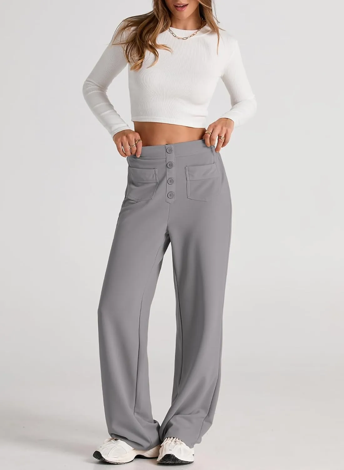 EVALESS Women's Spring 2025 Dress Pants High Waist Straight Leg Pants Button Down Bottoms Work Pants Trousers with Pockets