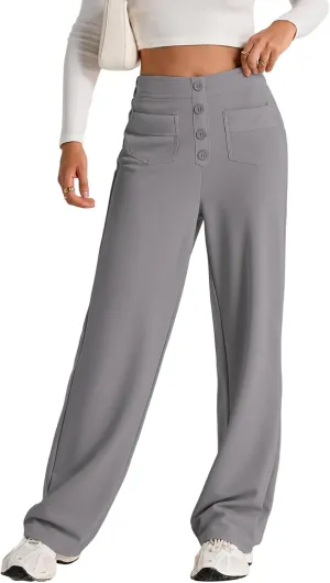 EVALESS Women's Spring 2025 Dress Pants High Waist Straight Leg Pants Button Down Bottoms Work Pants Trousers with Pockets