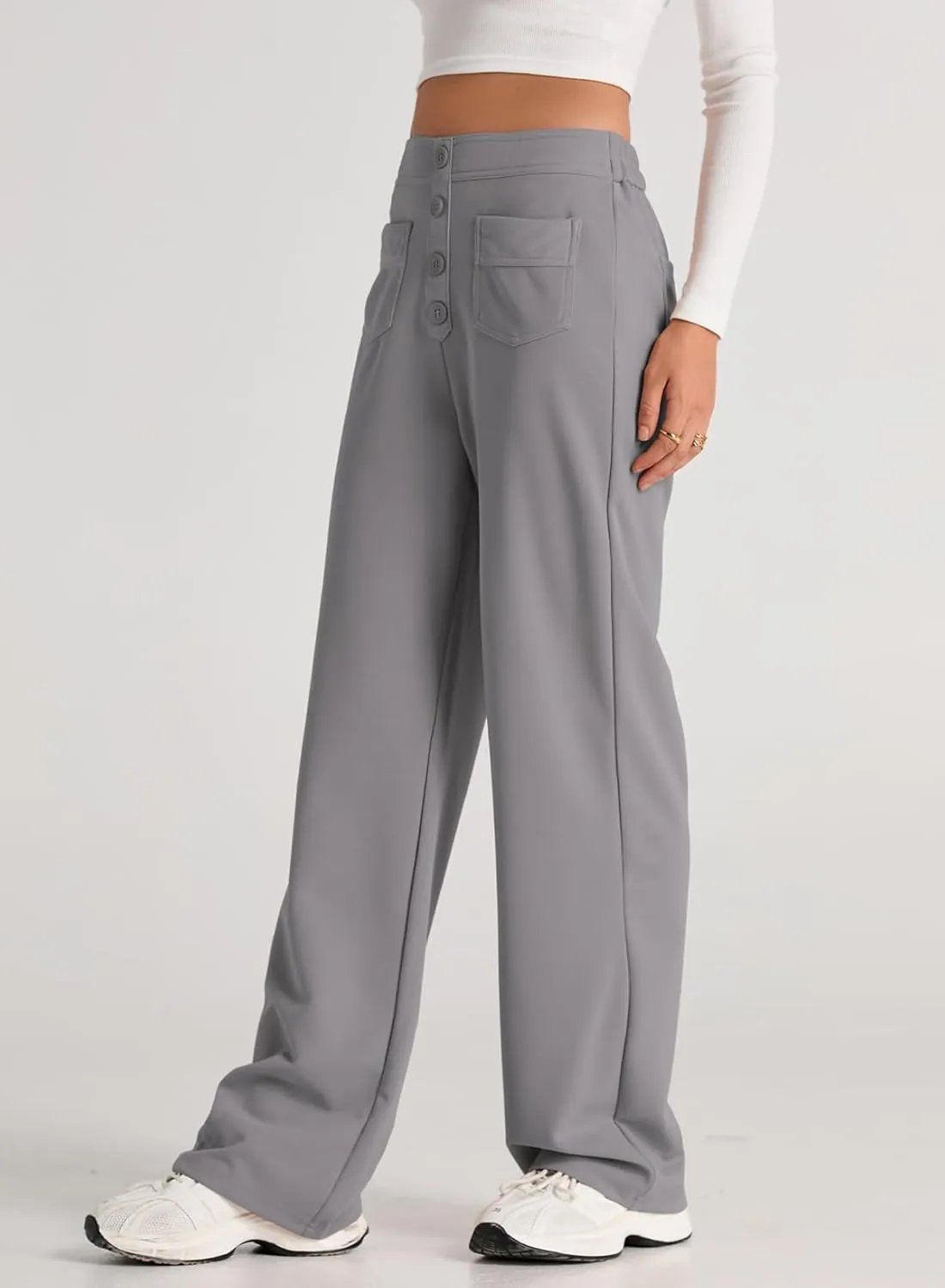 EVALESS Women's Spring 2025 Dress Pants High Waist Straight Leg Pants Button Down Bottoms Work Pants Trousers with Pockets