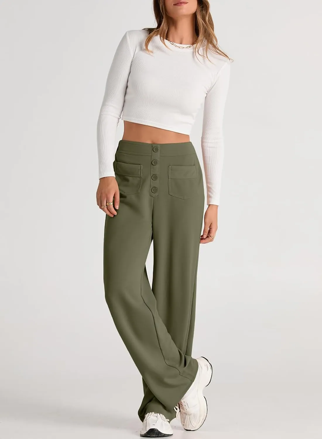 EVALESS Women's Spring 2025 Dress Pants High Waist Straight Leg Pants Button Down Bottoms Work Pants Trousers with Pockets