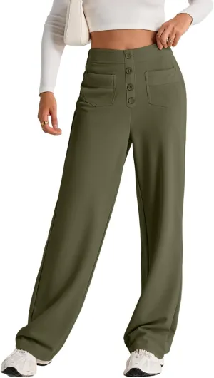 EVALESS Women's Spring 2025 Dress Pants High Waist Straight Leg Pants Button Down Bottoms Work Pants Trousers with Pockets