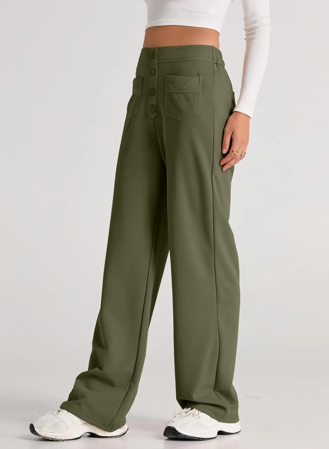 EVALESS Women's Spring 2025 Dress Pants High Waist Straight Leg Pants Button Down Bottoms Work Pants Trousers with Pockets