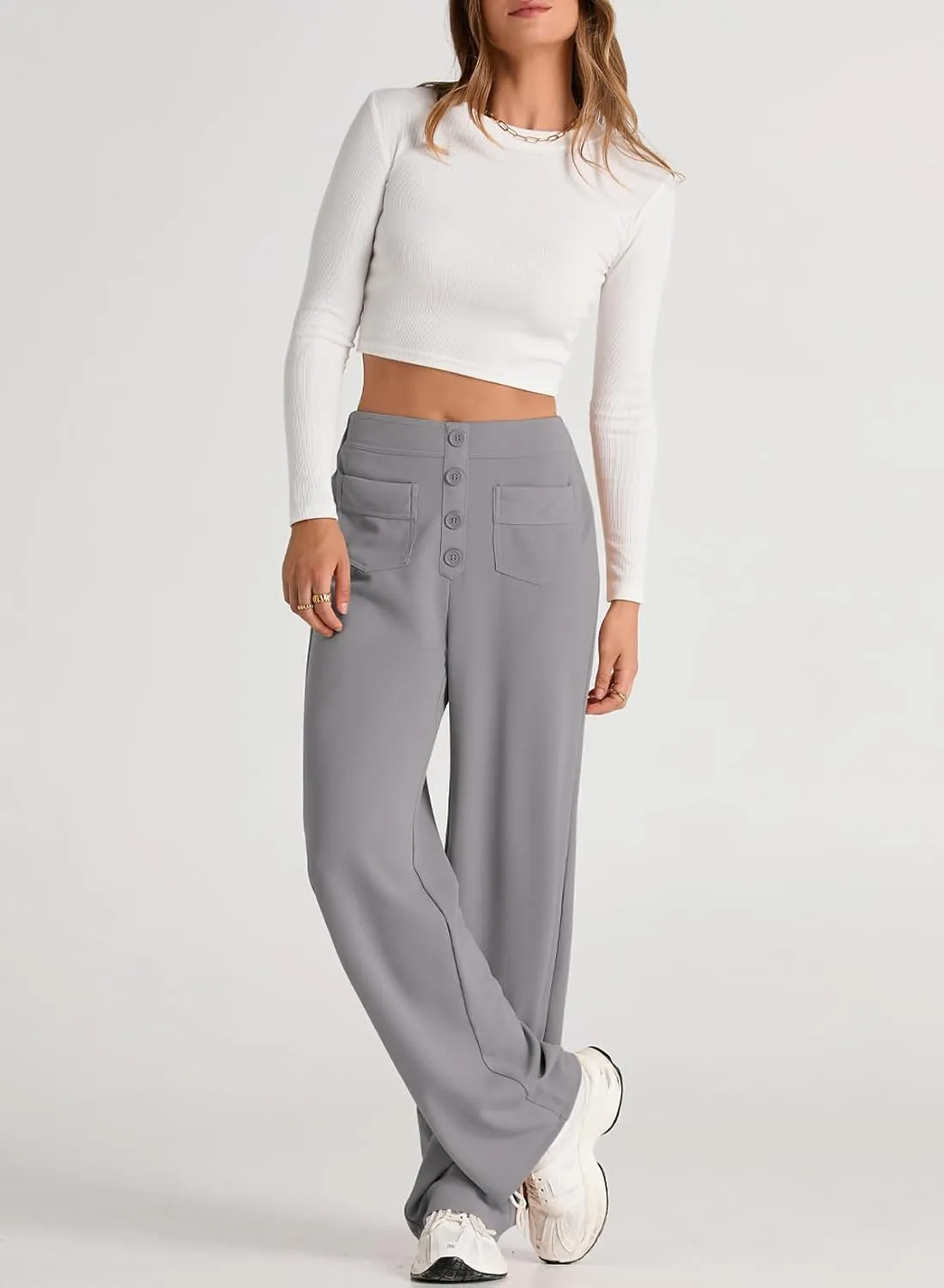 EVALESS Women's Spring 2025 Dress Pants High Waist Straight Leg Pants Button Down Bottoms Work Pants Trousers with Pockets