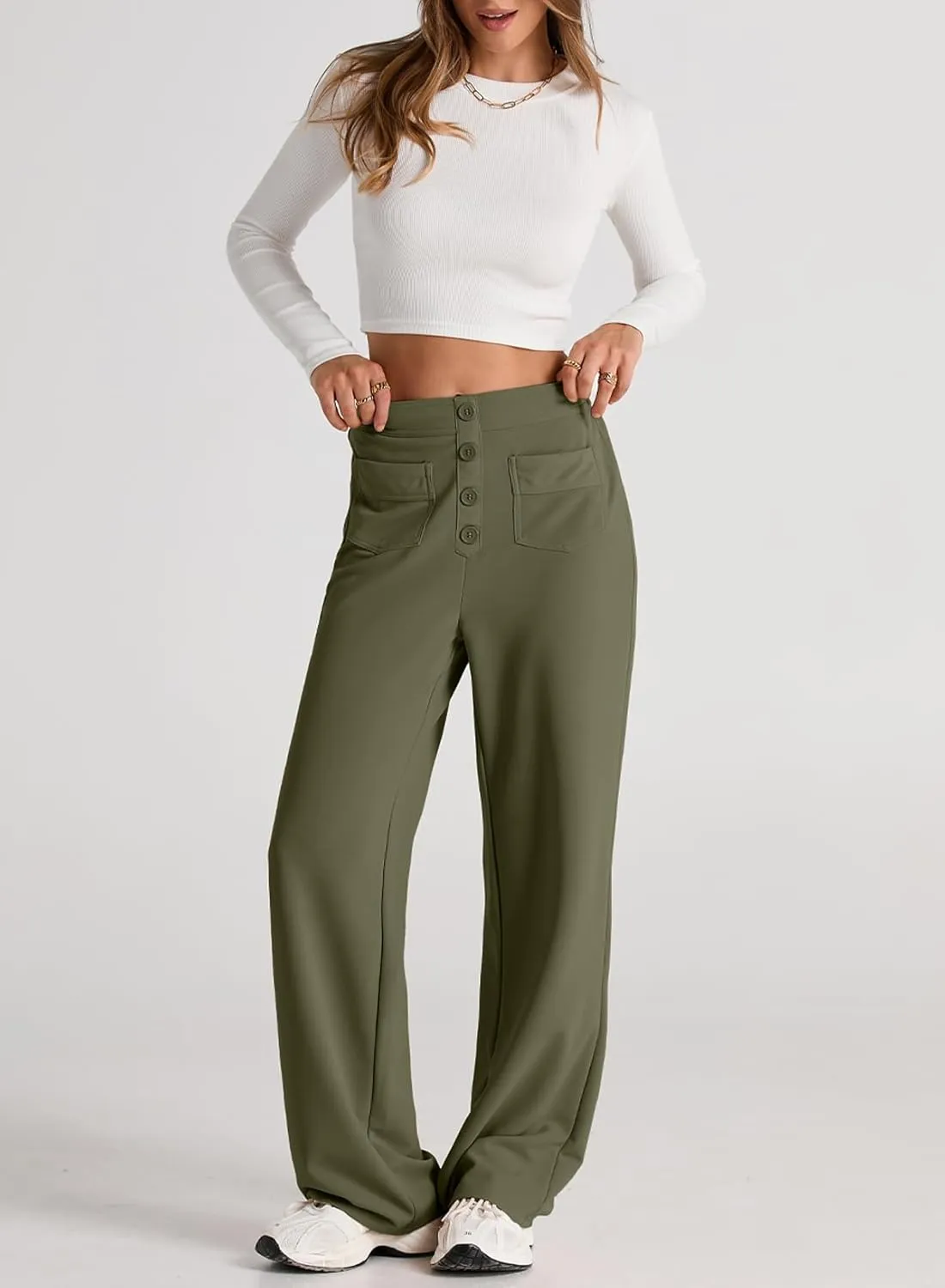 EVALESS Women's Spring 2025 Dress Pants High Waist Straight Leg Pants Button Down Bottoms Work Pants Trousers with Pockets