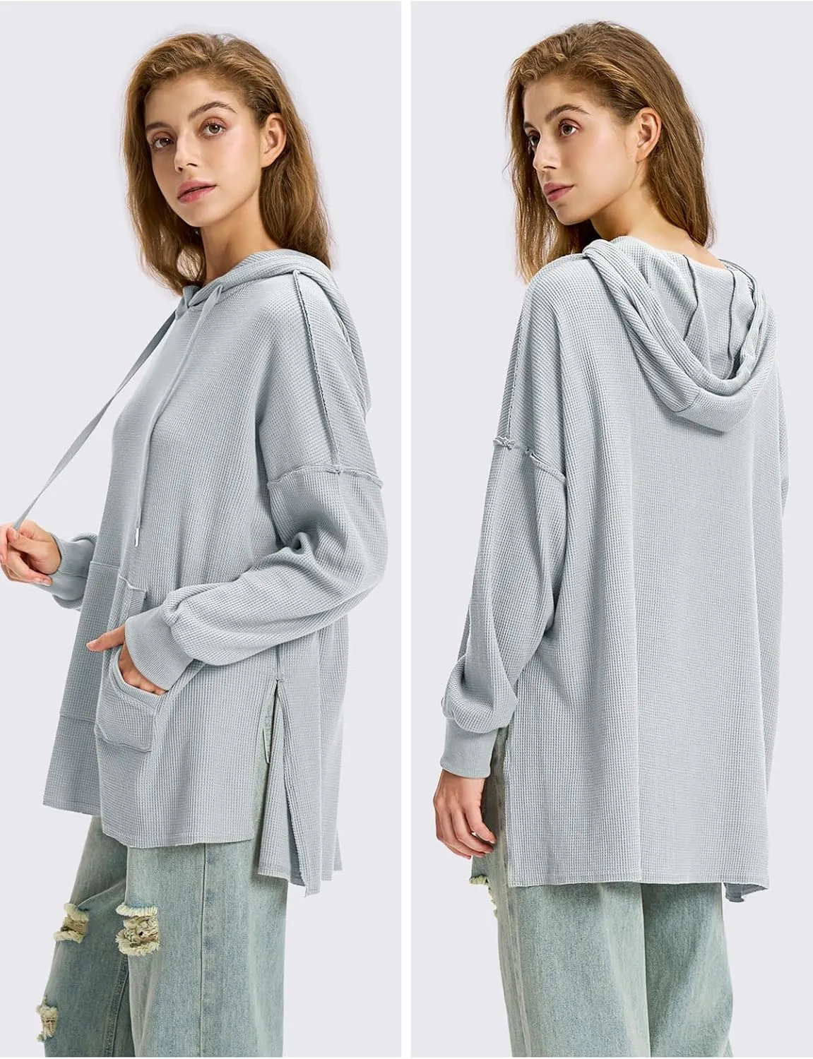 EXLURA Womens Oversized Waffle Hoodies Drawstring Lightweight Plus Size Pullover Sweatshirt with Pocket 2024 Trendy Outfits