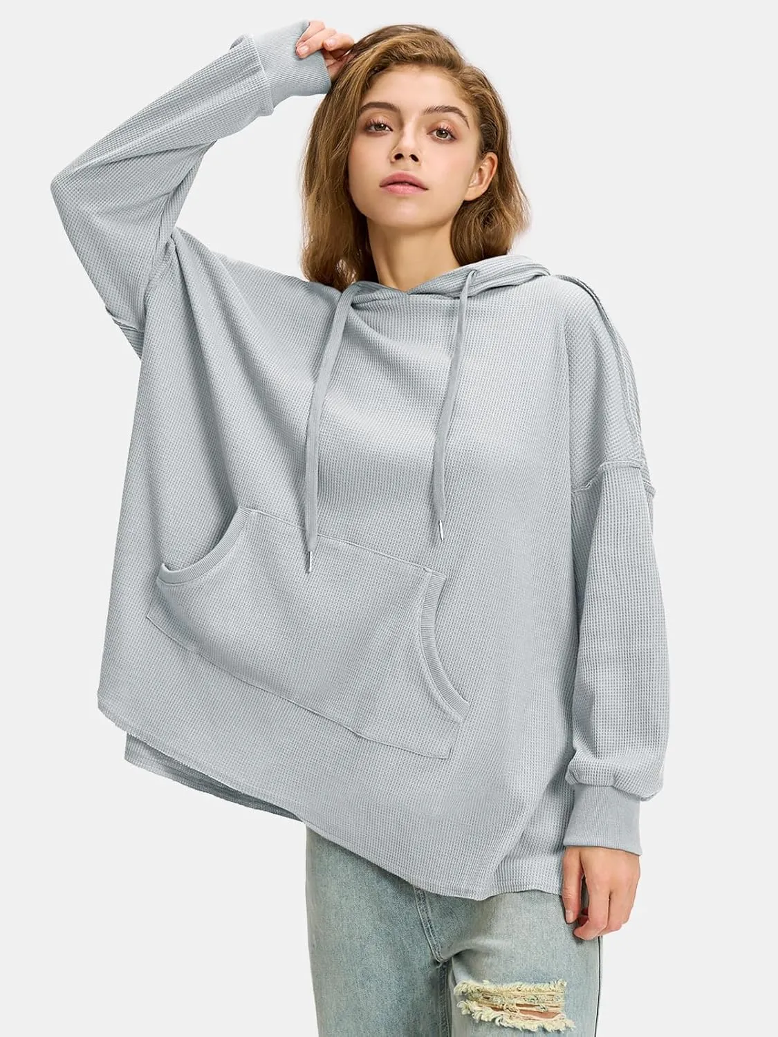 EXLURA Womens Oversized Waffle Hoodies Drawstring Lightweight Plus Size Pullover Sweatshirt with Pocket 2024 Trendy Outfits