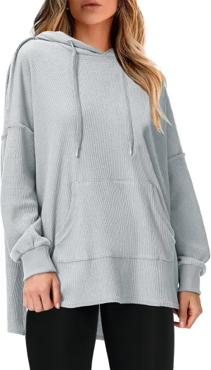 EXLURA Womens Oversized Waffle Hoodies Drawstring Lightweight Plus Size Pullover Sweatshirt with Pocket 2024 Trendy Outfits