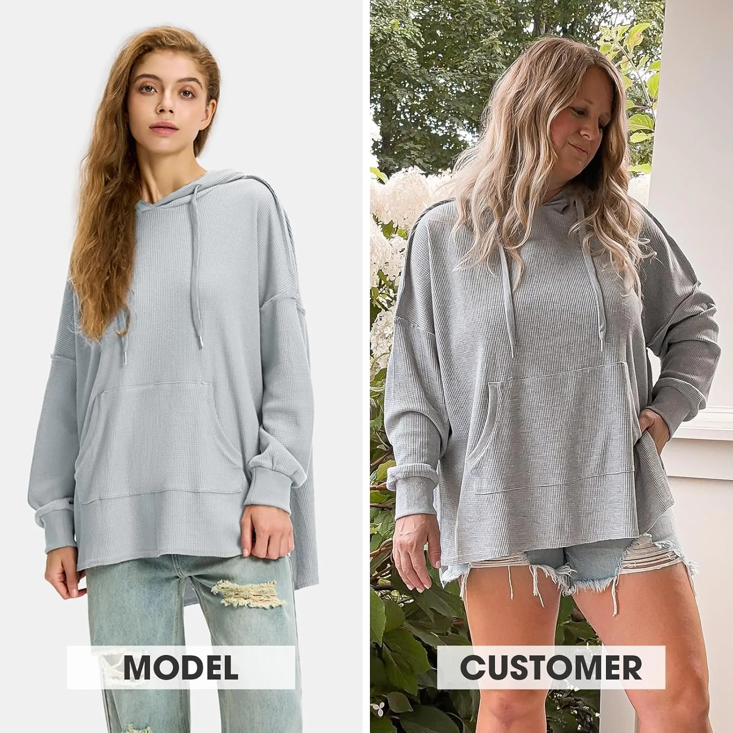 EXLURA Womens Oversized Waffle Hoodies Drawstring Lightweight Plus Size Pullover Sweatshirt with Pocket 2024 Trendy Outfits