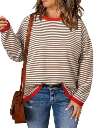 Eytino Plus Size Sweaters for Women Casual Striped Color Block Long Sleeve Round Neck Pullover Jumpers Tops(1X-5X)