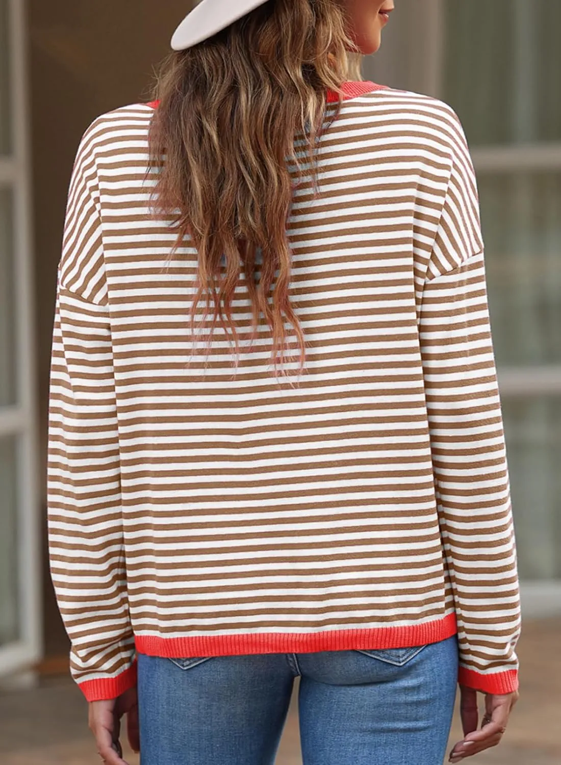 Eytino Plus Size Sweaters for Women Casual Striped Color Block Long Sleeve Round Neck Pullover Jumpers Tops(1X-5X)