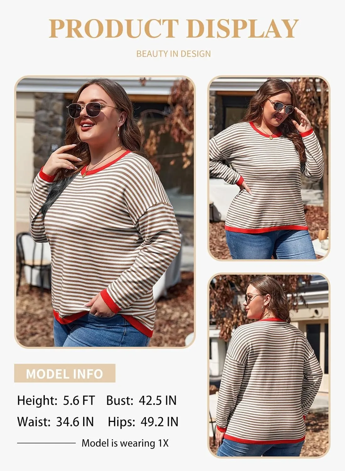 Eytino Plus Size Sweaters for Women Casual Striped Color Block Long Sleeve Round Neck Pullover Jumpers Tops(1X-5X)