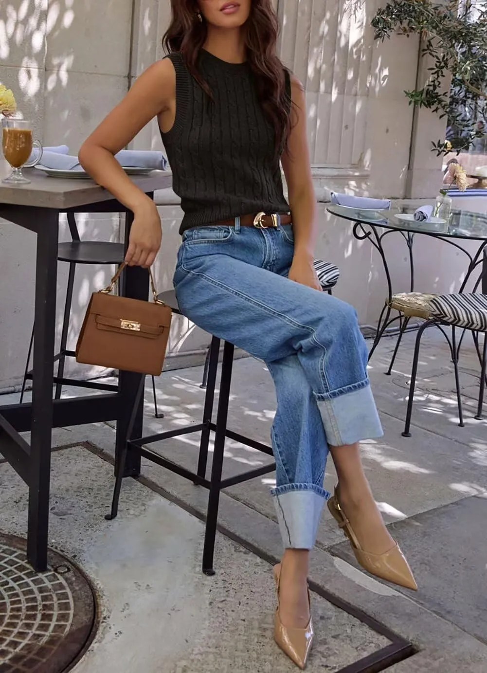 Ezbelle Women's Summer Crop Shirts Sleeveless Tops Cable Knit Tank Work Sweaters Vest Trendy Outfits