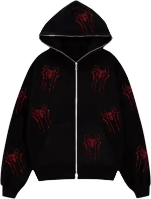 Fanvereka Men Women Over Face Rhinestone Full Zip Up Hoodie Halloween Costumes Y2k Graphic Hooded Streetwear Jacket Shirt