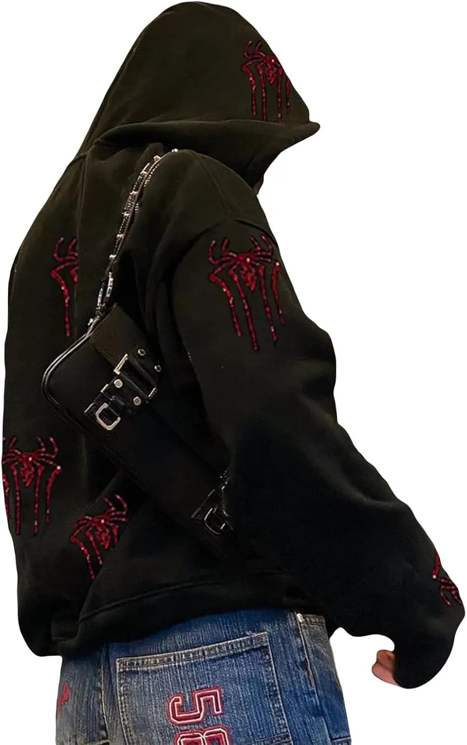 Fanvereka Men Women Over Face Rhinestone Full Zip Up Hoodie Halloween Costumes Y2k Graphic Hooded Streetwear Jacket Shirt