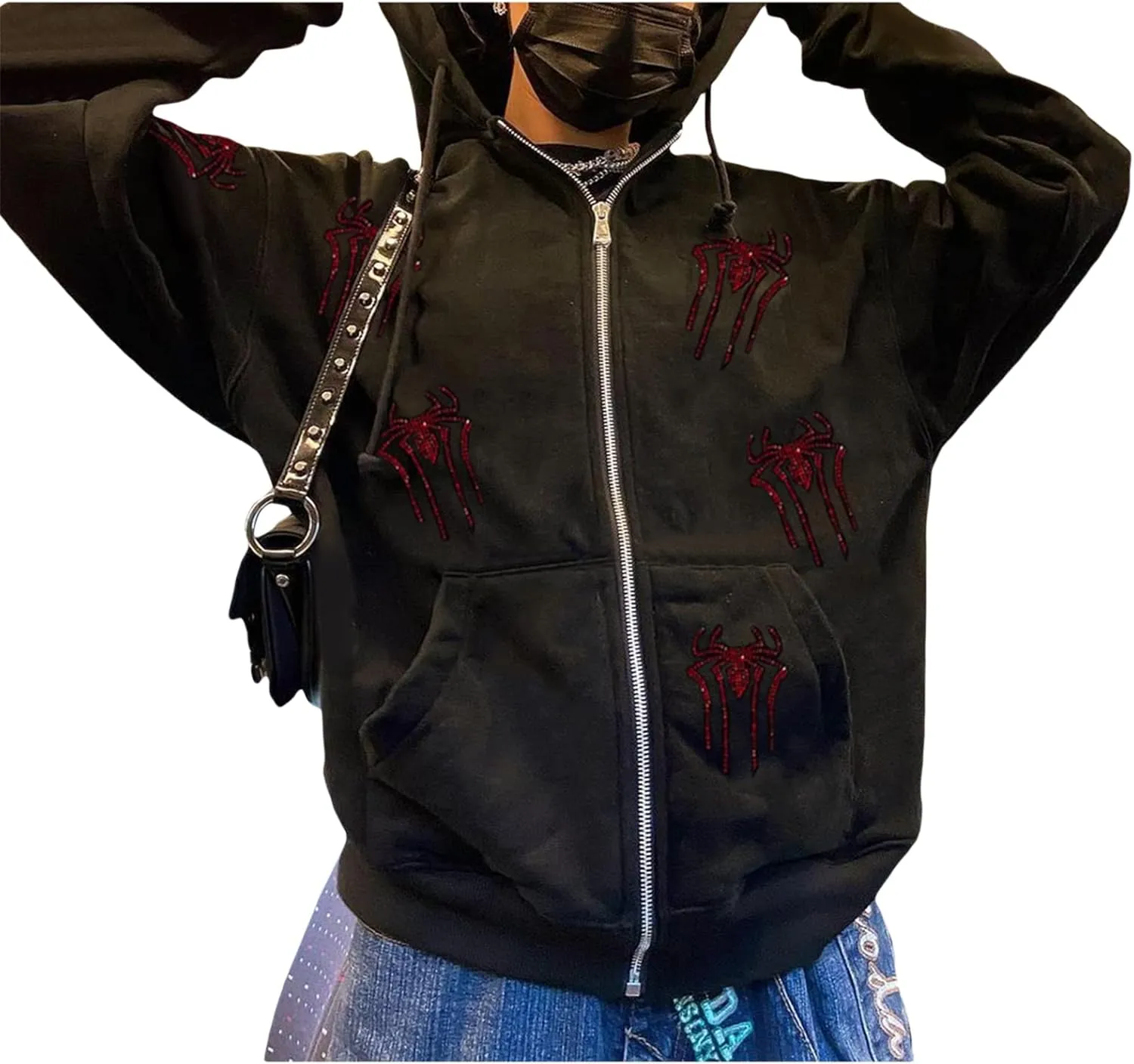 Fanvereka Men Women Over Face Rhinestone Full Zip Up Hoodie Halloween Costumes Y2k Graphic Hooded Streetwear Jacket Shirt