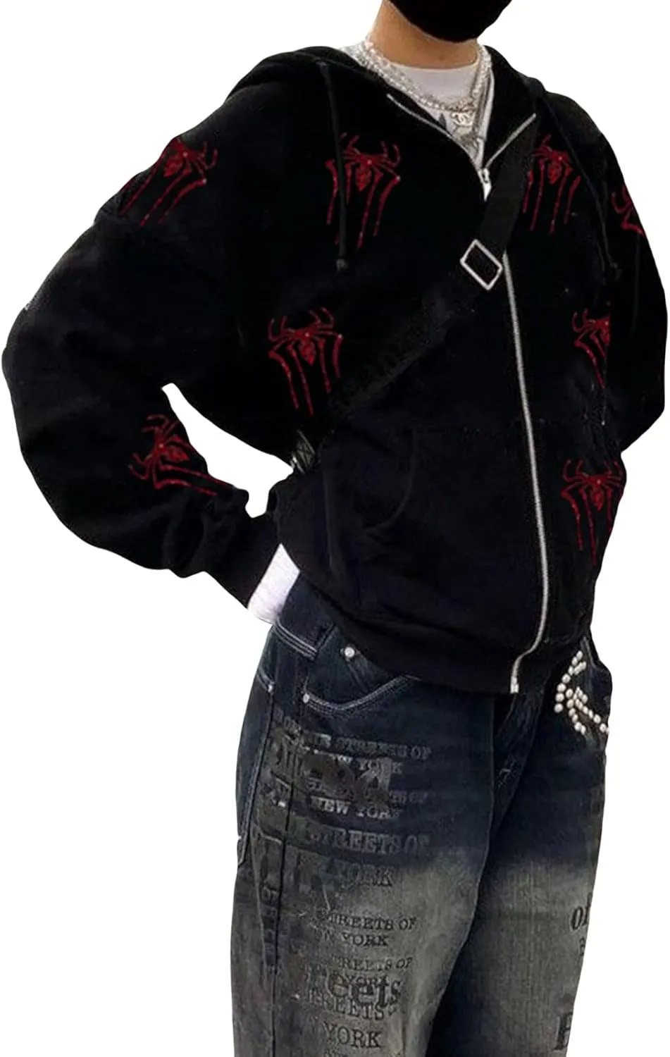 Fanvereka Men Women Over Face Rhinestone Full Zip Up Hoodie Halloween Costumes Y2k Graphic Hooded Streetwear Jacket Shirt