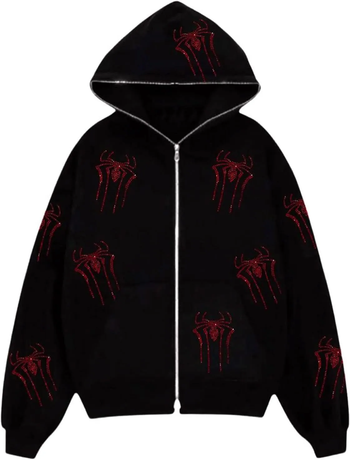 Fanvereka Men Women Over Face Rhinestone Full Zip Up Hoodie Halloween Costumes Y2k Graphic Hooded Streetwear Jacket Shirt