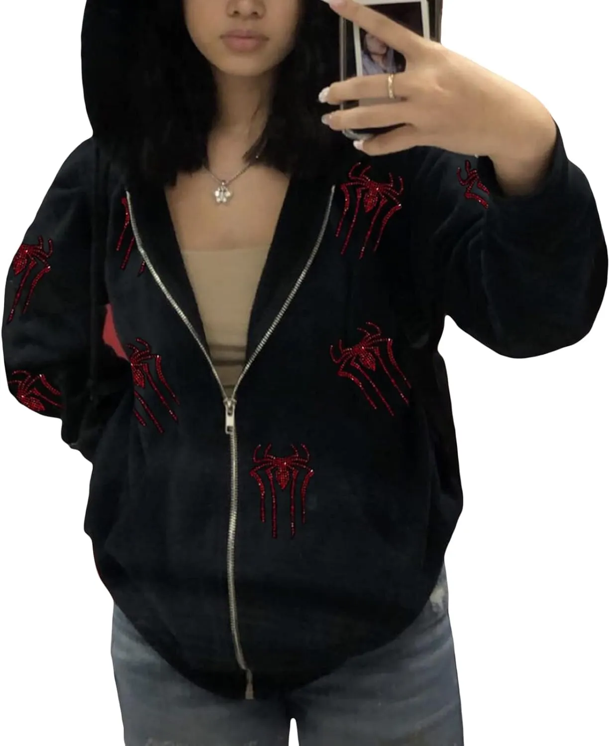 Fanvereka Men Women Over Face Rhinestone Full Zip Up Hoodie Halloween Costumes Y2k Graphic Hooded Streetwear Jacket Shirt