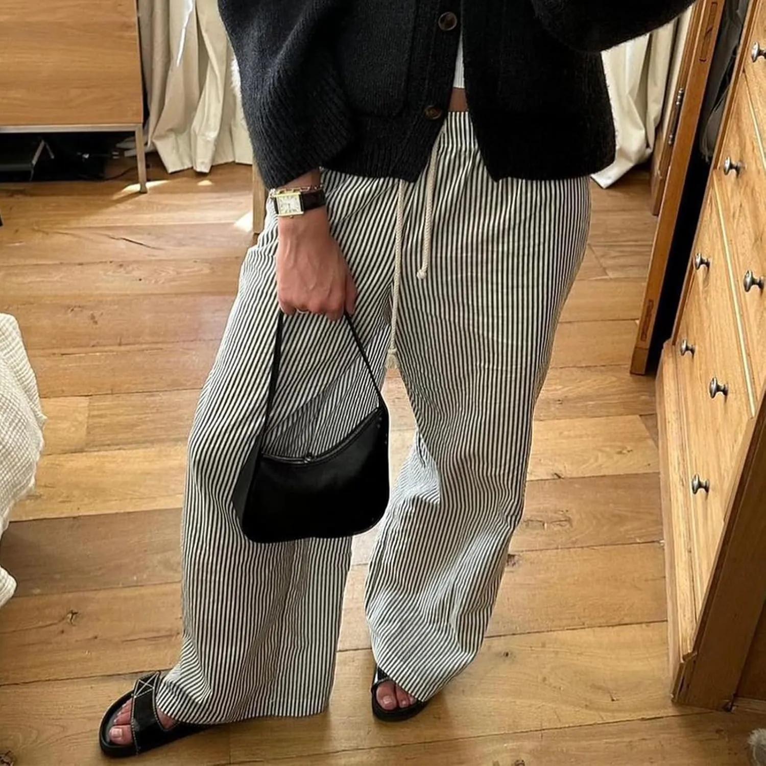 Faretumiya Women Y2k Striped Pants Elastic High Waist Wide Leg Pants Loose Lounge Bottoms Sweatpants Streetwear