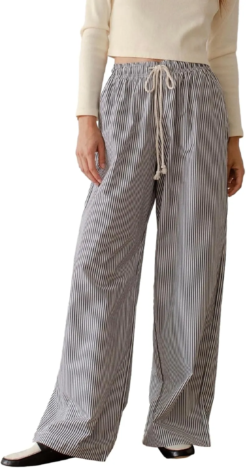 Faretumiya Women Y2k Striped Pants Elastic High Waist Wide Leg Pants Loose Lounge Bottoms Sweatpants Streetwear