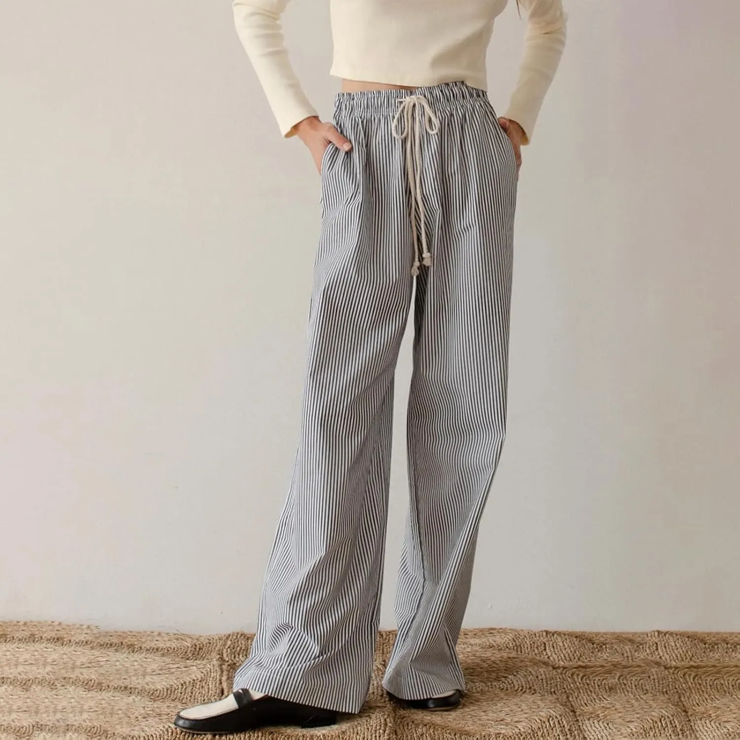 Faretumiya Women Y2k Striped Pants Elastic High Waist Wide Leg Pants Loose Lounge Bottoms Sweatpants Streetwear