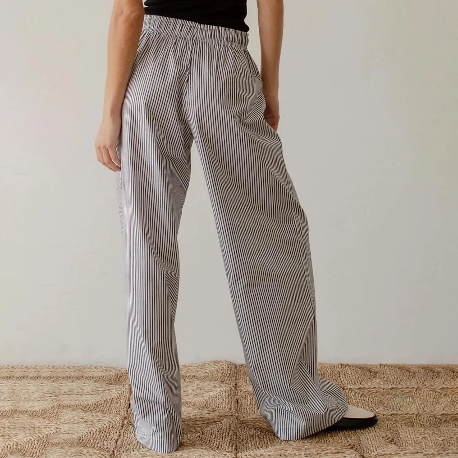 Faretumiya Women Y2k Striped Pants Elastic High Waist Wide Leg Pants Loose Lounge Bottoms Sweatpants Streetwear