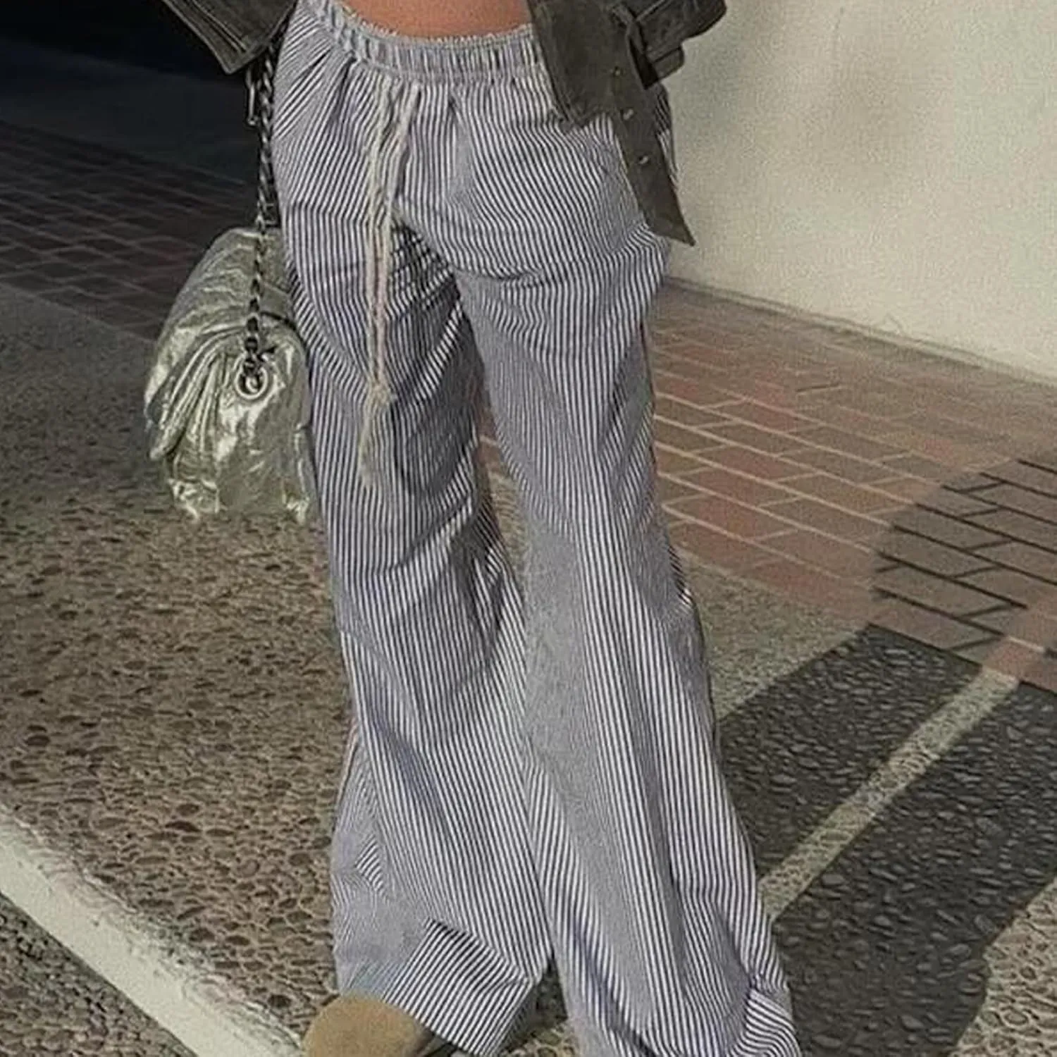 Faretumiya Women Y2k Striped Pants Elastic High Waist Wide Leg Pants Loose Lounge Bottoms Sweatpants Streetwear