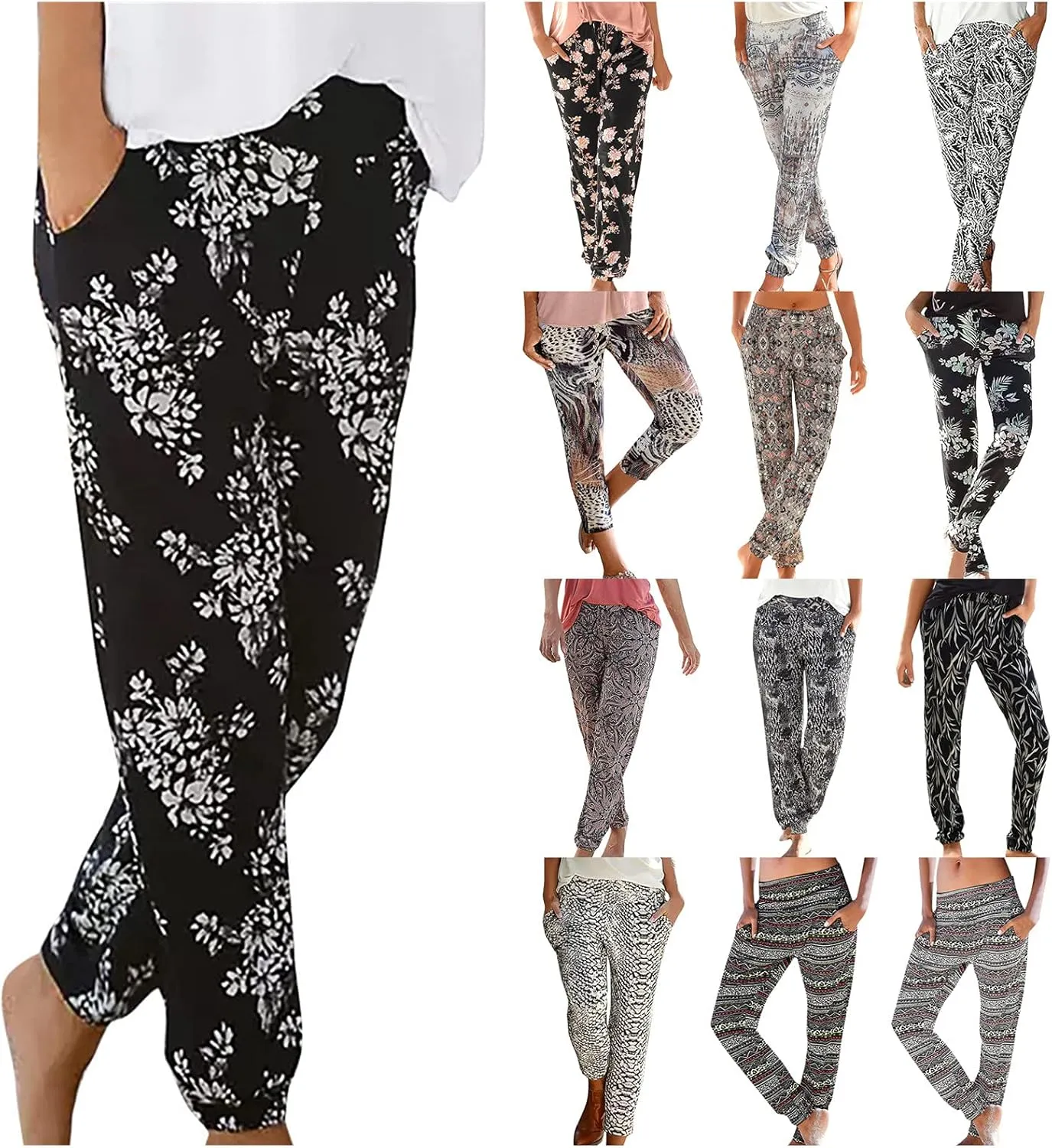 FarJing Women's Boho Palazzo Pants Casual Comfy High Waist Print Stretch Beach Trousers Lounge Pants Wide Leg