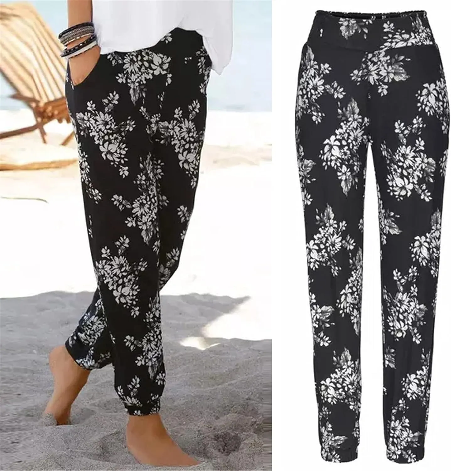 FarJing Women's Boho Palazzo Pants Casual Comfy High Waist Print Stretch Beach Trousers Lounge Pants Wide Leg