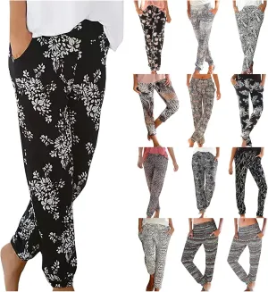 FarJing Women's Boho Palazzo Pants Casual Comfy High Waist Print Stretch Beach Trousers Lounge Pants Wide Leg