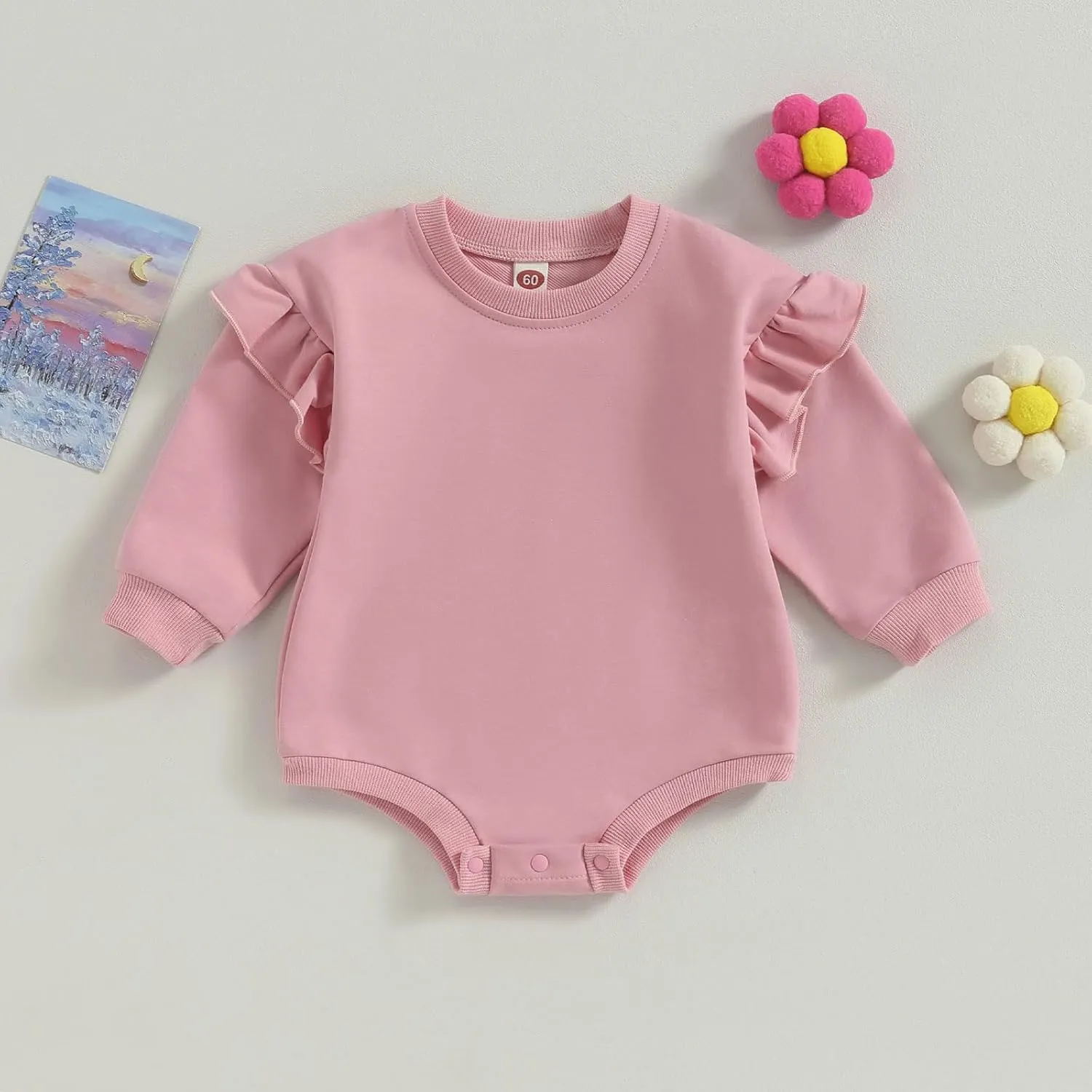 fhutpw Newborn Baby Girl Oversized Sweatshirt Romper Ruffle Long Sleeve Crewneck Onesie Sweater Tops Infant Fall Clothes