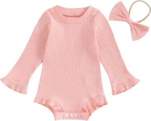 fhutpw Newborn Baby Girl Oversized Sweatshirt Romper Ruffle Long Sleeve Crewneck Onesie Sweater Tops Infant Fall Clothes