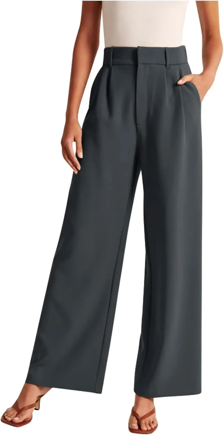 Firzero Women Linen Pants Trendy Summer Palazzo Boho Wide Leg Pants Elastic High Waist Lounge Pant Beach Flowy Casual Trousers with Pockets