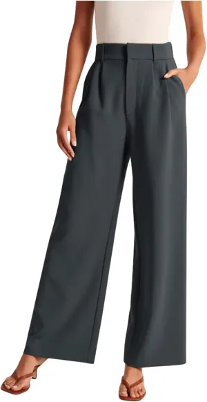 Firzero Women Linen Pants Trendy Summer Palazzo Boho Wide Leg Pants Elastic High Waist Lounge Pant Beach Flowy Casual Trousers with Pockets