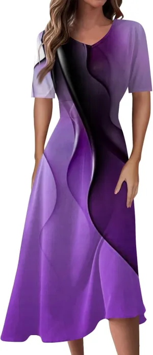 FlekmanArt Maxi Dress for Women Print Short Sleeve A-Line Beach Waist V Neck Trendy Swing Dress