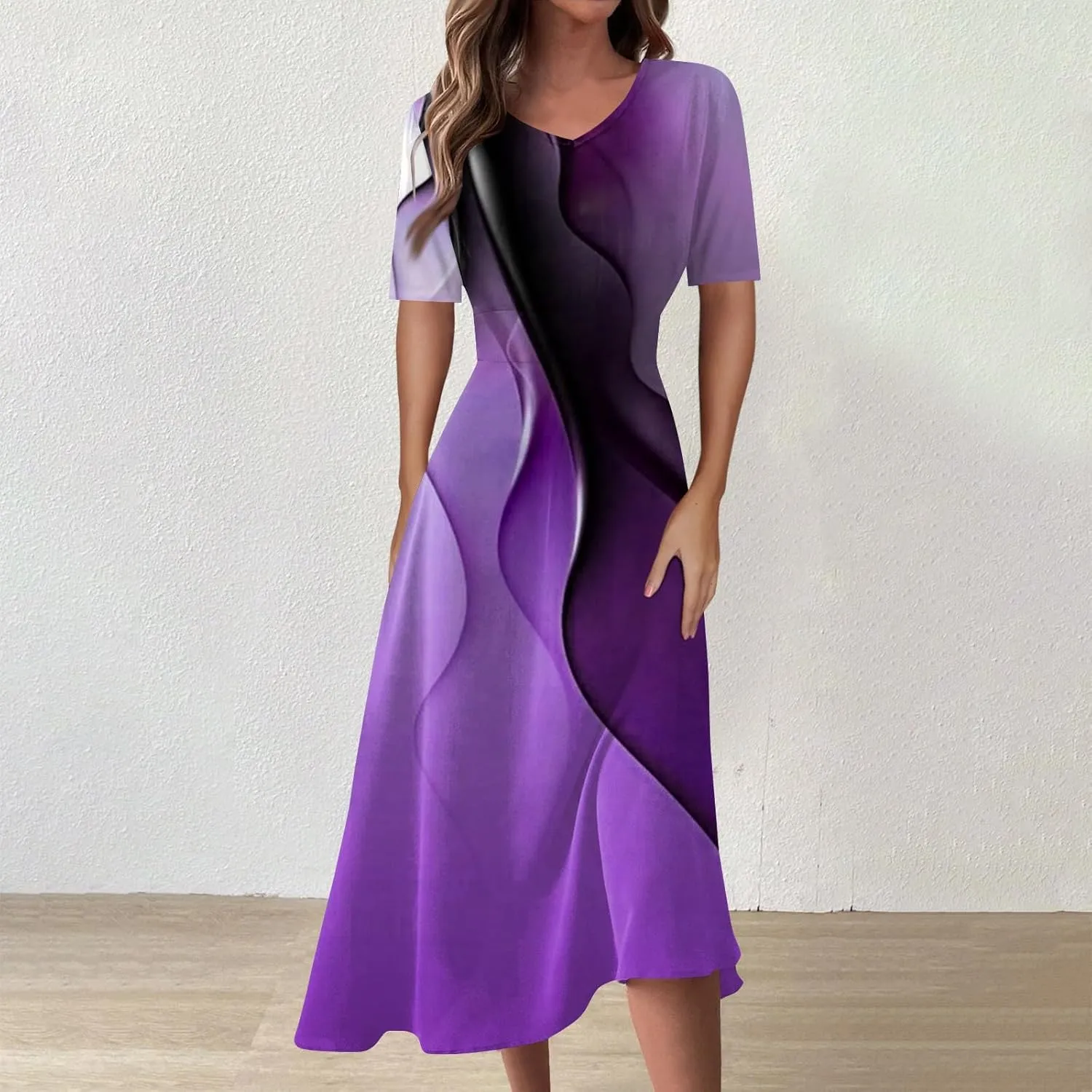 FlekmanArt Maxi Dress for Women Print Short Sleeve A-Line Beach Waist V Neck Trendy Swing Dress