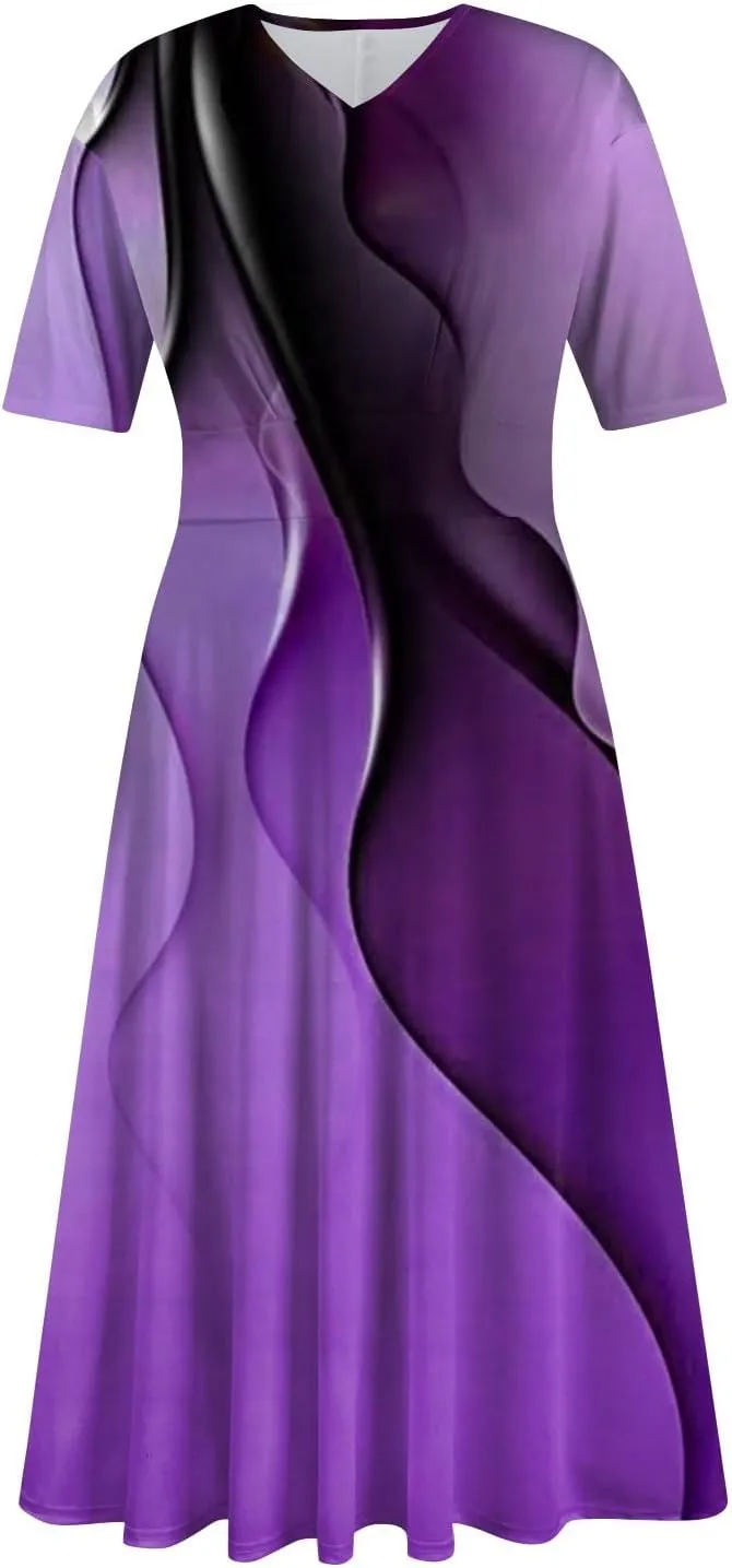 FlekmanArt Maxi Dress for Women Print Short Sleeve A-Line Beach Waist V Neck Trendy Swing Dress