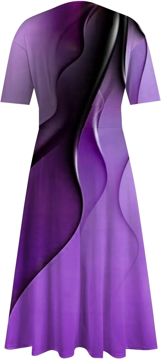 FlekmanArt Maxi Dress for Women Print Short Sleeve A-Line Beach Waist V Neck Trendy Swing Dress